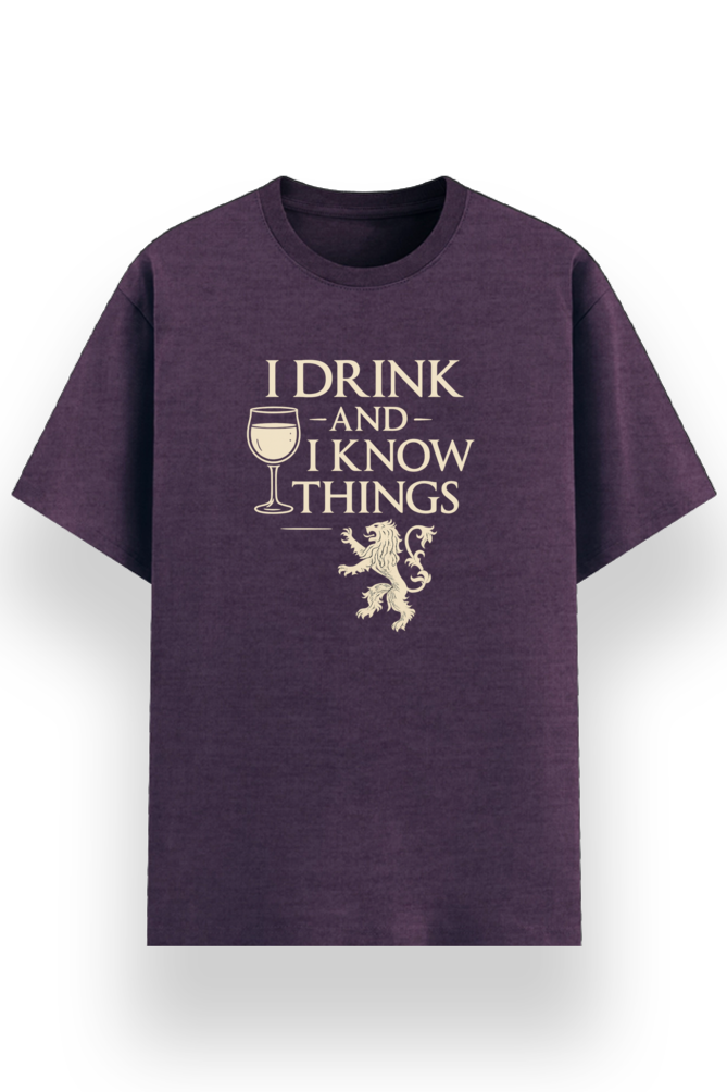 I Drink and I Know Things funny pop culture T-shirt by RelatabiliTee, purple melange, front print