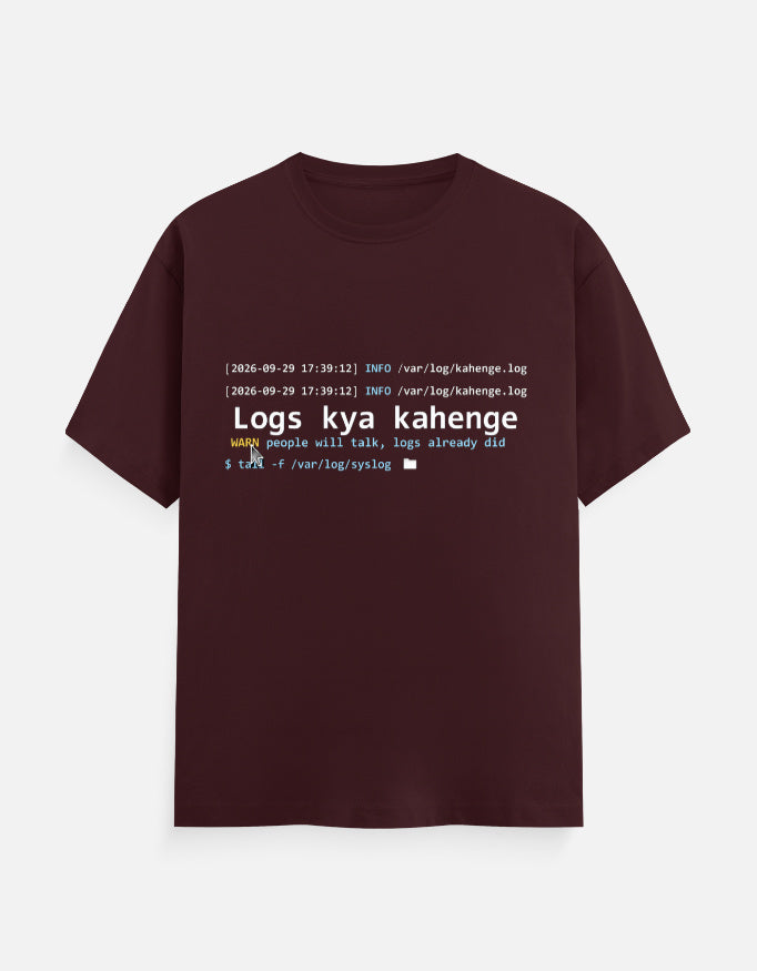 Logs Kya Kahenge developer T-shirt, maroon, front