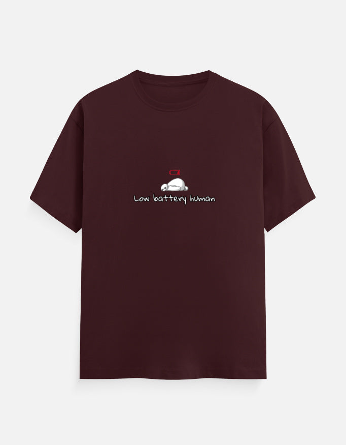 Low Battery Human introvert T-shirt, maroon, front
