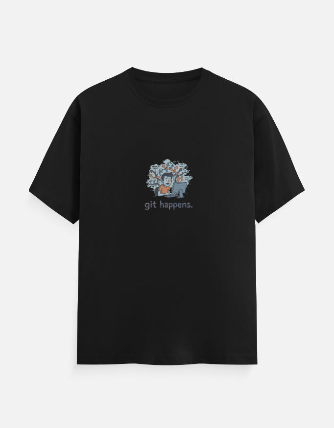 Git Happens programmer T-shirt, black, front