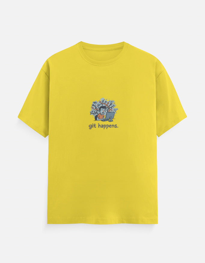 Git Happens programmer T-shirt, new yellow, front