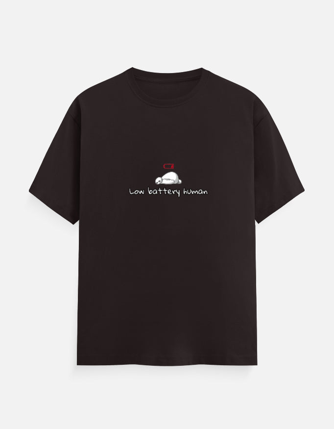 Low Battery Human introvert T-shirt, coffee brown, front