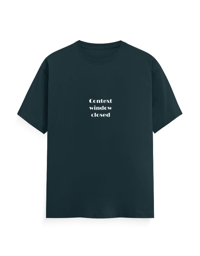 Context Window Closed AI developer T-shirt, petrol blue, front