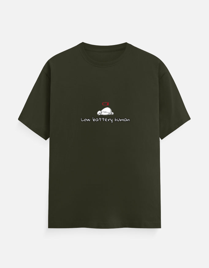 Low Battery Human introvert T-shirt, olive green, front