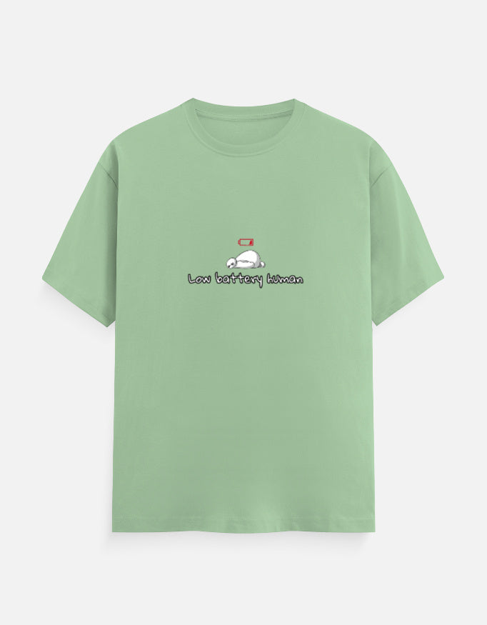 Low Battery Human introvert T-shirt, jade, front