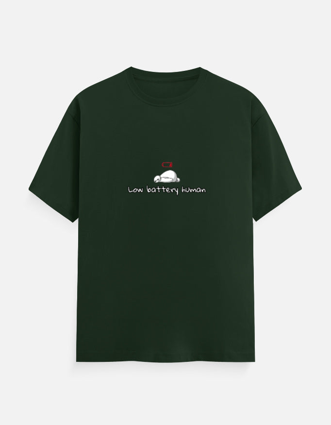 Low Battery Human funny introvert T-shirt by RelatabiliTee, bottle green, front print