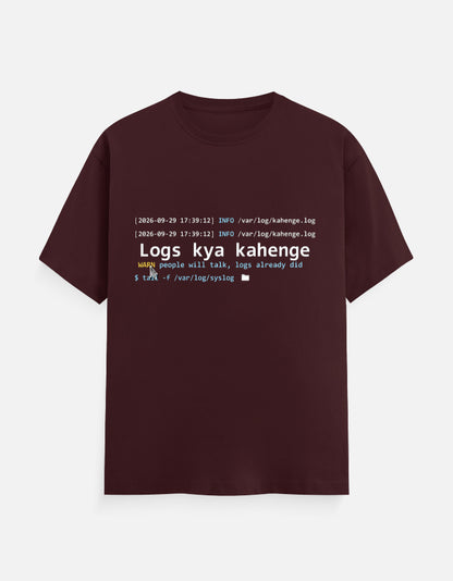 Logs Kya Kahenge developer T-shirt, maroon, front