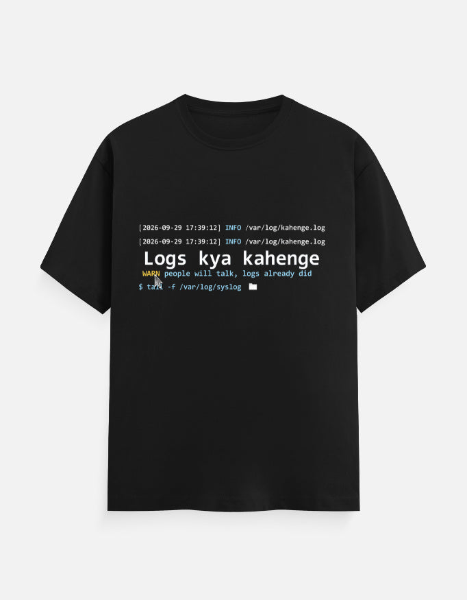 Logs Kya Kahenge funny developer T-shirt by RelatabiliTee, black, front print