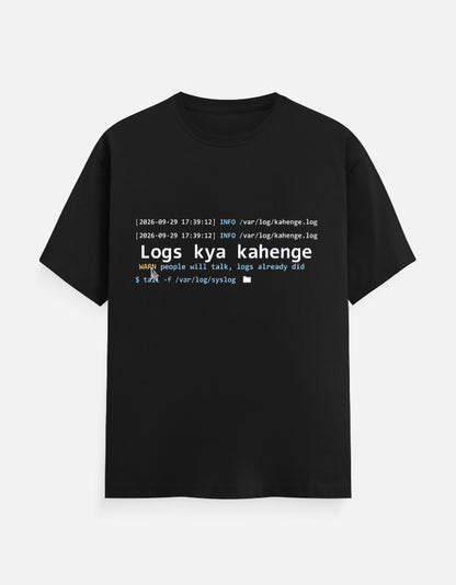 Logs Kya Kahenge funny developer T-shirt by RelatabiliTee, black, front print