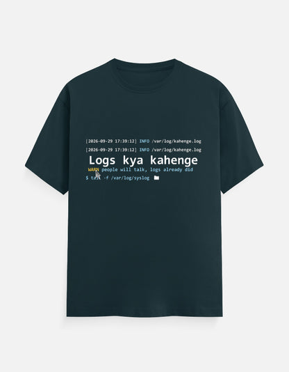 Logs Kya Kahenge developer T-shirt, petrol blue, front