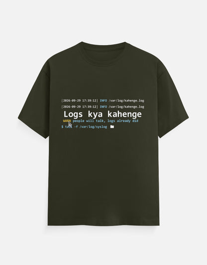 Logs Kya Kahenge developer T-shirt, olive green, front